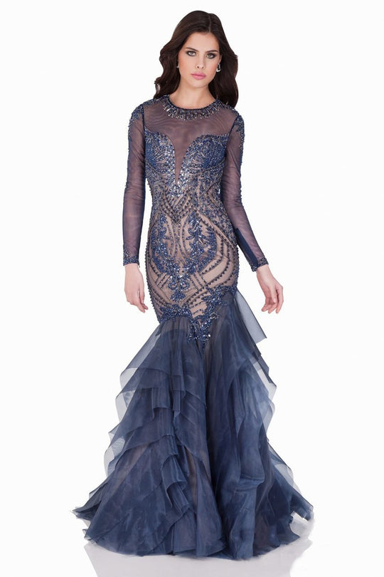 Terani Couture - 1621GL1883 Beaded Illusion Jewel Mermaid Dress in Blue and Neutral