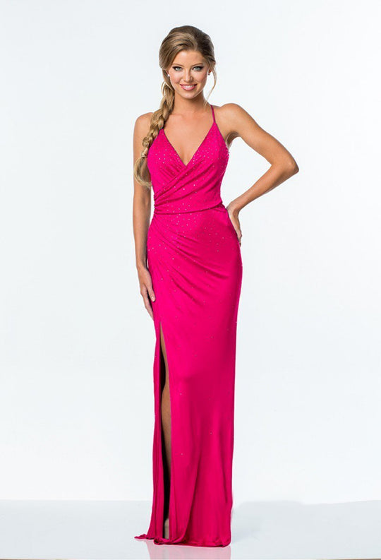 Terani Couture - 151P0055A Sparkling Plunging V Neck Long Dress in Pink