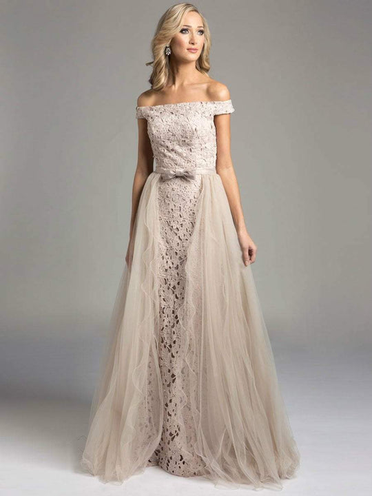 Lara Dresses - Embellished Off The Shoulder Neck Long A-line Gown 33213 in Neutral