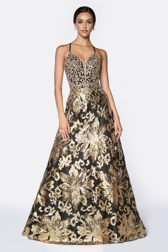 Cinderella Divine - CD0125 Sequined Deep V-neck A-line Gown In Black and Gold