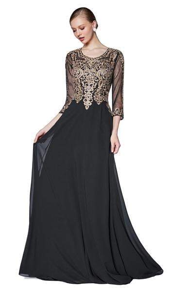 Cinderella Divine - CD0129 Lace Appliqued Bodice Flowy A-Line Chiffon Gown in Black and Gold