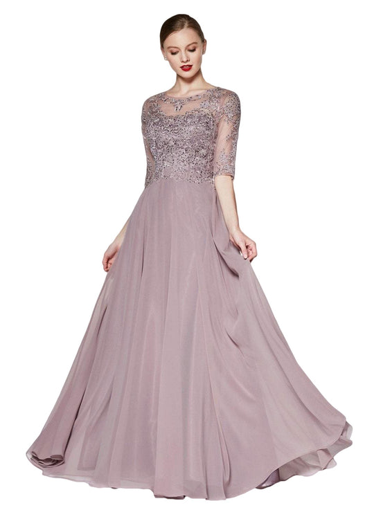 Cinderella Divine - CD0130 Jeweled Lace Chiffon A-line Gown In Pink and Gold