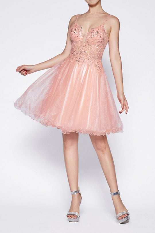 Cinderella Divine - CD0137 Jeweled Lace Glitter Tulle Cocktail Dress In Pink