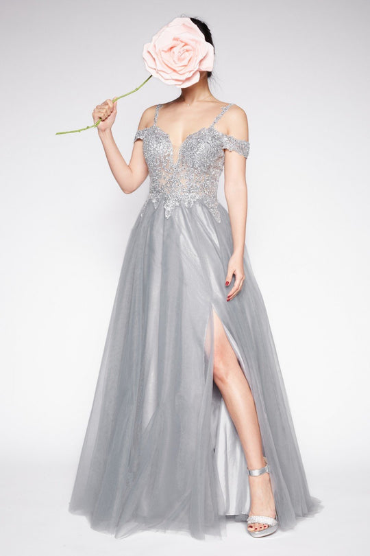 Cinderella Divine - CD0138 Beaded Deep Off-Shoulder Tulle Ballgown In Silver