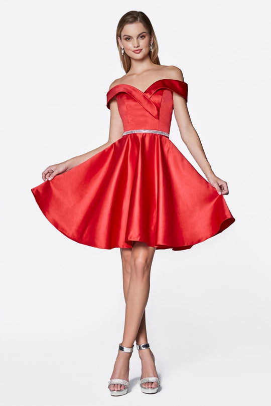 Cinderella Divine - CD0140 Off Shoulder Satin A-Line Dress In Red