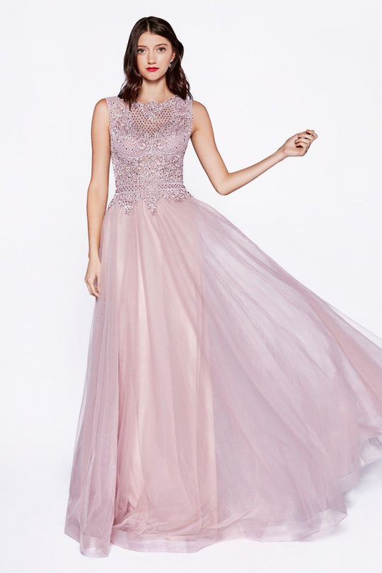 Cinderella Divine - CD0144 Embellished Lace Tulle A-line Gown In Pink