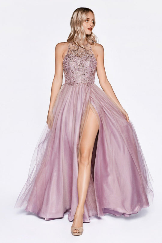 Cinderella Divine - CD0145 Bead Embellished Halter A-Line Gown In Purple