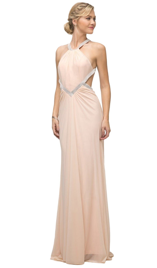 Cinderella Divine - CD019 Metallic Beaded Midriff Cutout Sheath Gown In Pink