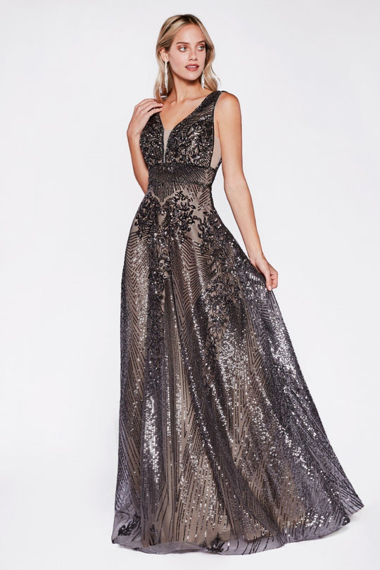 Cinderella Divine - CD09 Sequined Deep V-neck A-line Gown In Silver