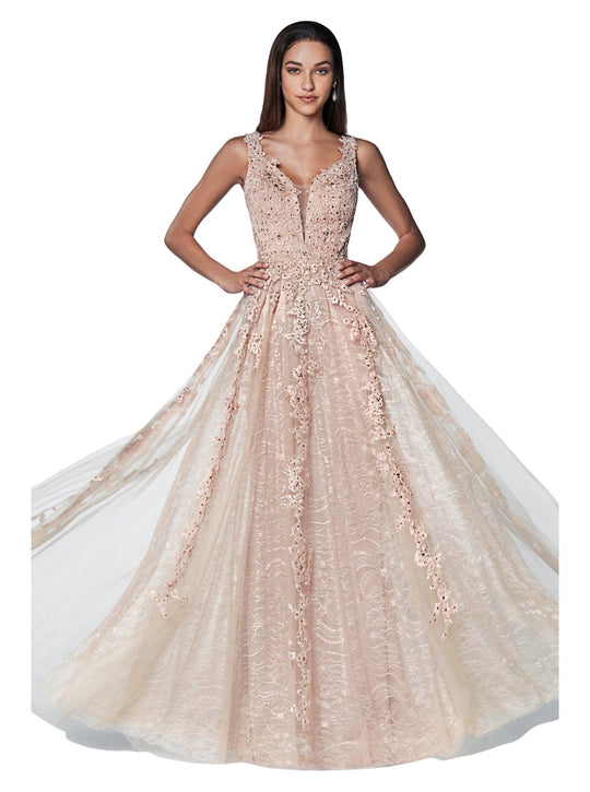 Cinderella Divine - CD4091 Plunging Illusion Side Lace A-Line Gown In Neutral