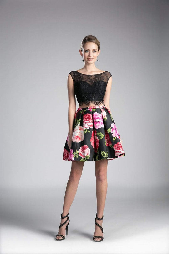 Cinderella Divine - CD701S Two Piece Beaded Lace Floral Cocktail Dress In Black and Print