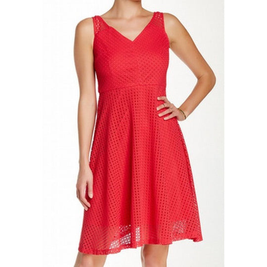 London Times - T1277M V-Neck Eyelet Lace A-Line Dress in Red