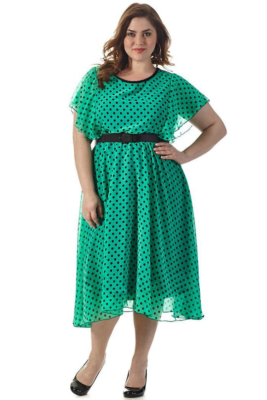 CE1513 Plus Size Dress in Green/Black Dots