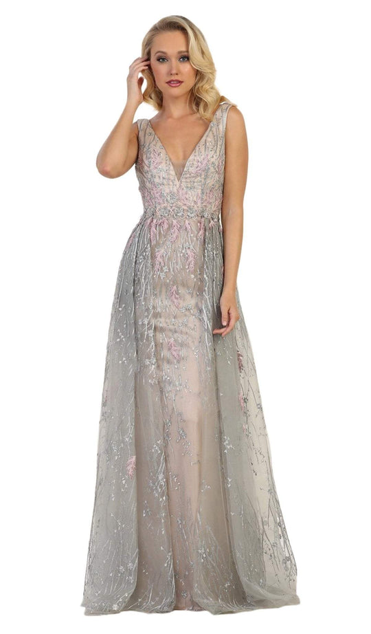 May Queen - RQ7595 Embellished Deep V-neck A-line Gown in Silver