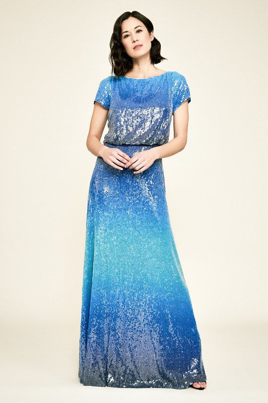 Tadashi Shoji - Walker Short Sleeve Ombre Sequin Gown In Blue