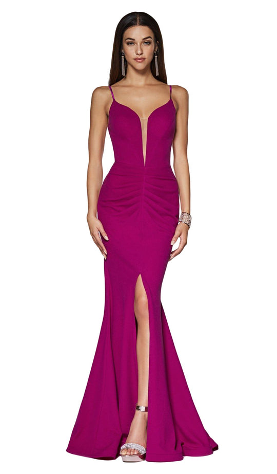Cinderella Divine - CF329 Plunging Bodice Front Slit Mermaid Gown In Purple