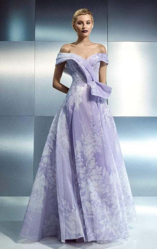 Beside Couture - CH1644 Wide Pleated Off Shoulder Long Gown in Purple