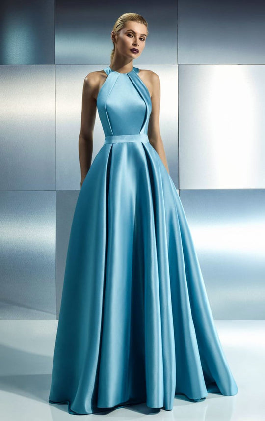 Beside Couture - CH1645 Halter Neck Satin Pleated Long Gown in Blue