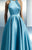Beside Couture - CH1645 Halter Neck Satin Pleated Long Gown in Blue
