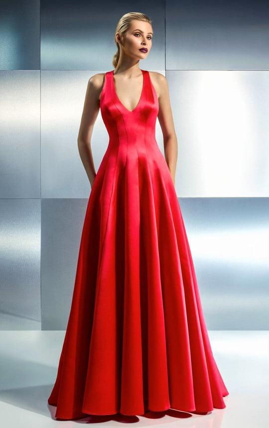 Beside Couture - CH1646 Deep Halter Satin Evening Gown  in Red