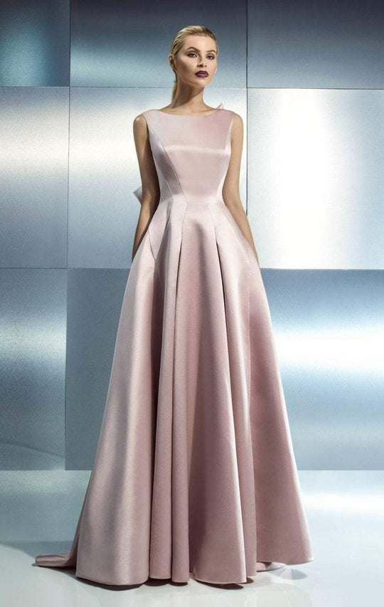 Beside Couture - CH1647 Sleek Bateau Structured Long Gown in Pink