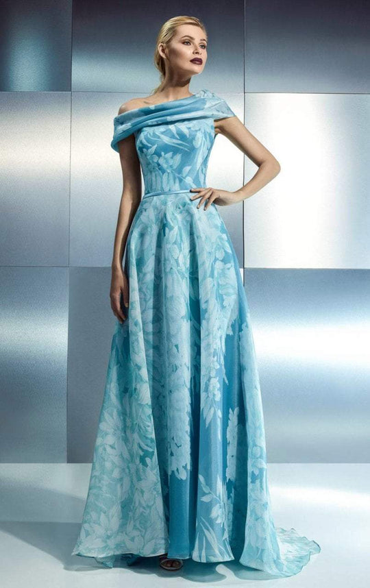 Beside Couture - CH1648 Asymmetrical Pleated Evening Gown in Blue