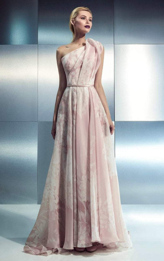 Beside Couture - CH1649 Alluring Asymmetrical Neckline Gown in Pink and Printed