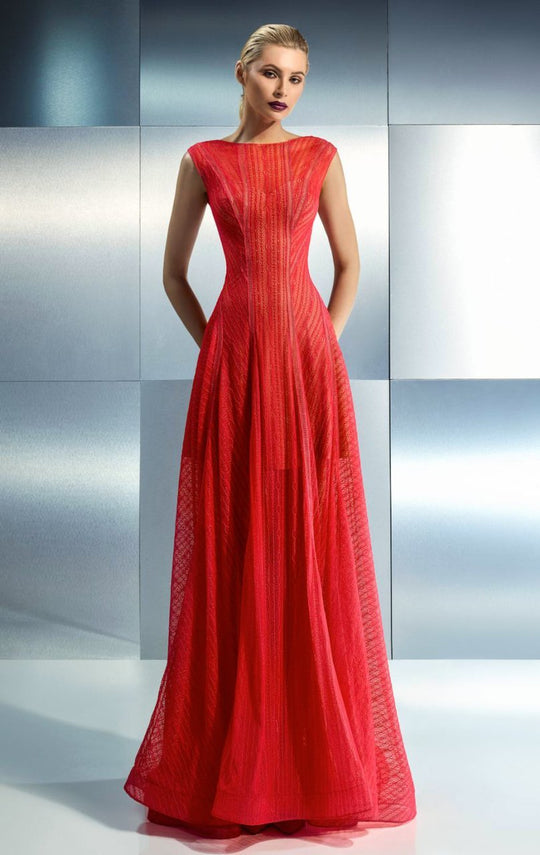 Beside Couture - CH1650 Bateau Neckline Sheer Evening Gown in Red