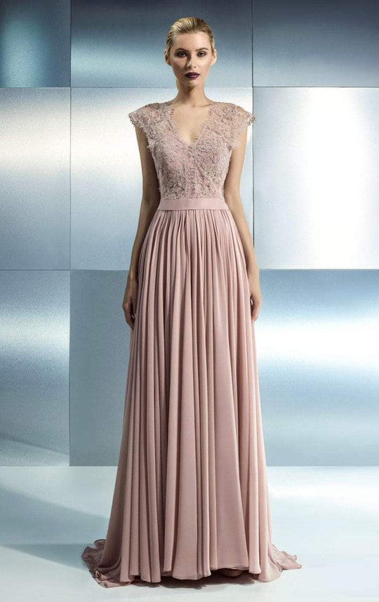 Beside Couture - CH1656 Ornate V-Neck Pleated Gown in Pink
