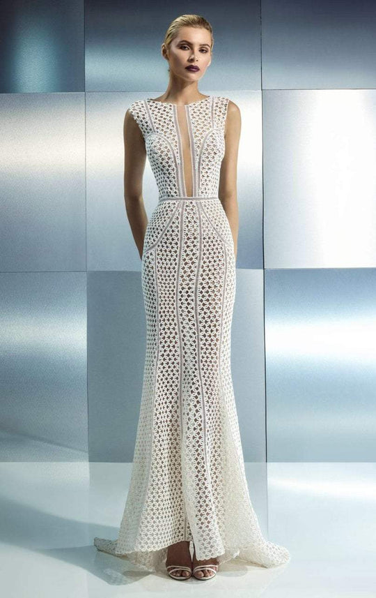 Beside Couture - CH1661 Jewel Neck Fitted Embroidered Gown in White