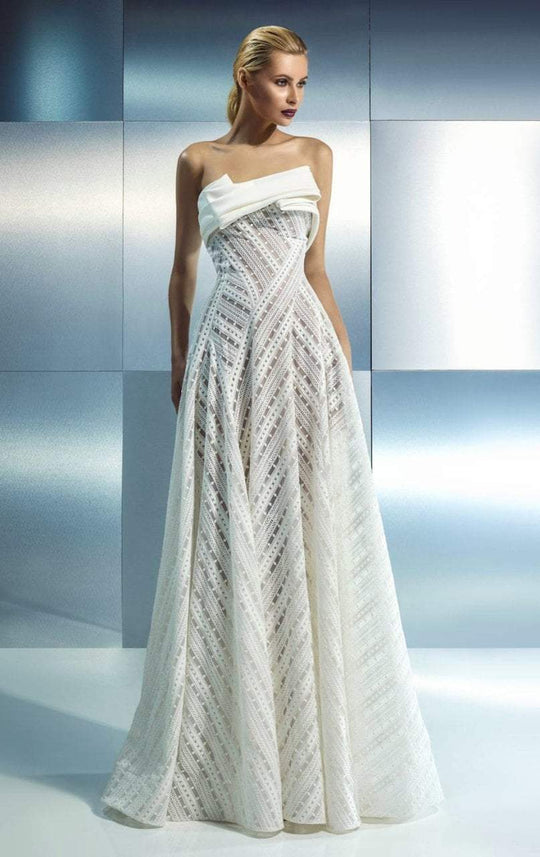 Beside Couture - CH1663 Fold Over Strapless Pleated Gown in White