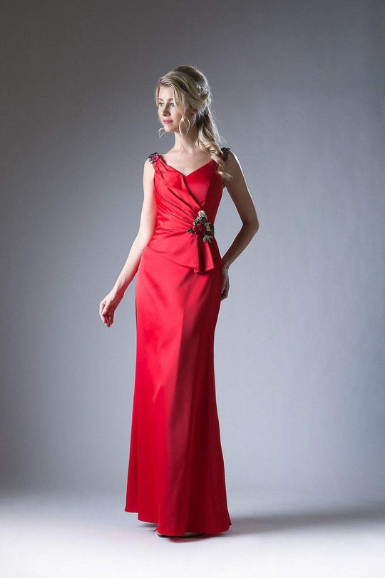 Cinderella Divine - CH520 Floral Embroidered V-Neck Evening Dress In Red