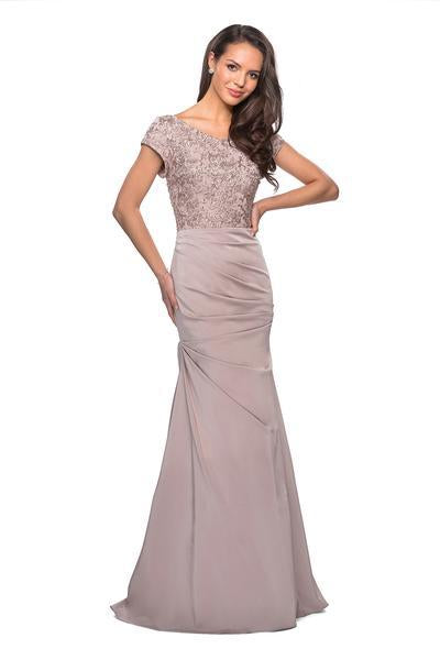 La Femme - 26806 Short Sleeve Embroidered Bodice Ruched Mermaid Gown In Neutral