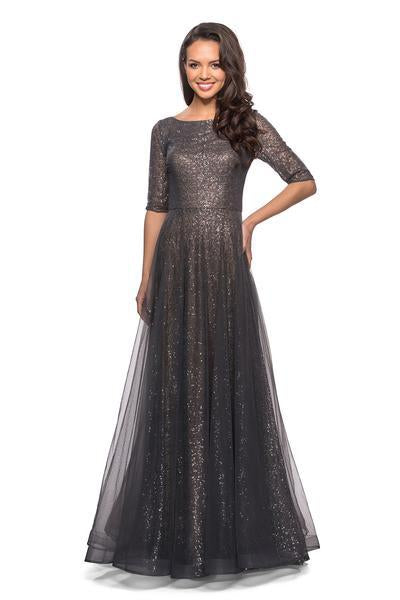 La Femme - 27016 Sequined Bateau A-line Dress In Gray