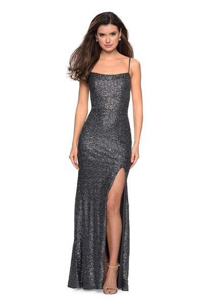 La Femme - 27272 Sequined Straight-Across High Slit Gown In Gray and Silver