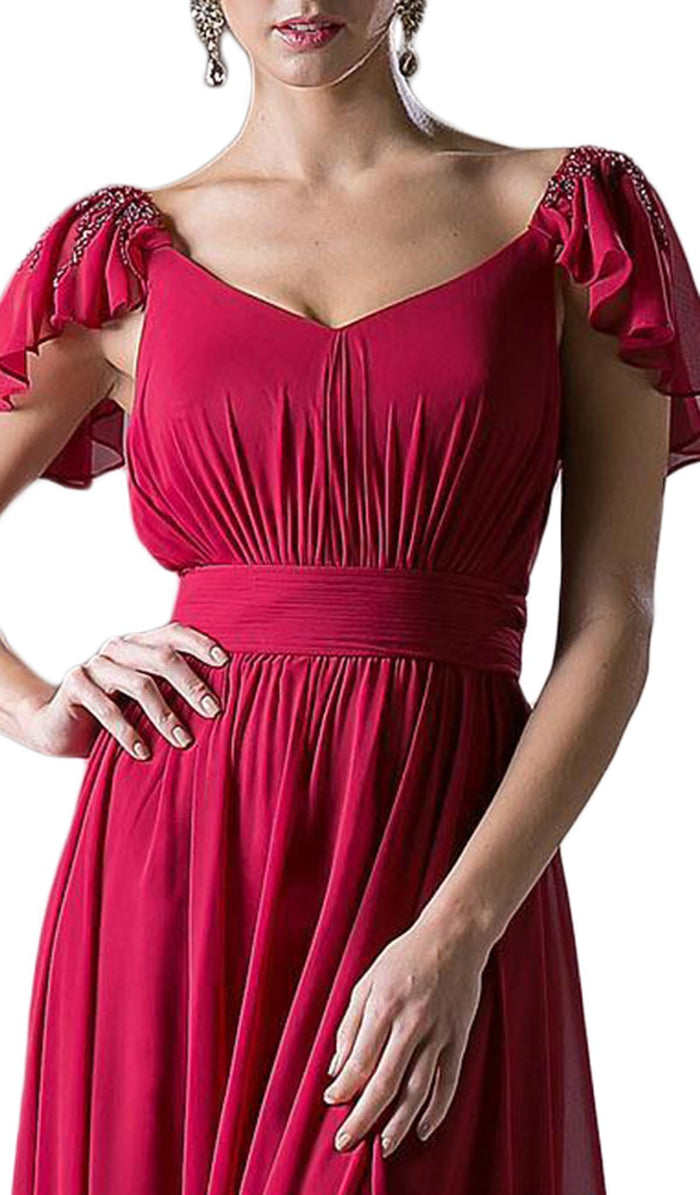 Embellished Ruched Wide V-neck A-line Dress