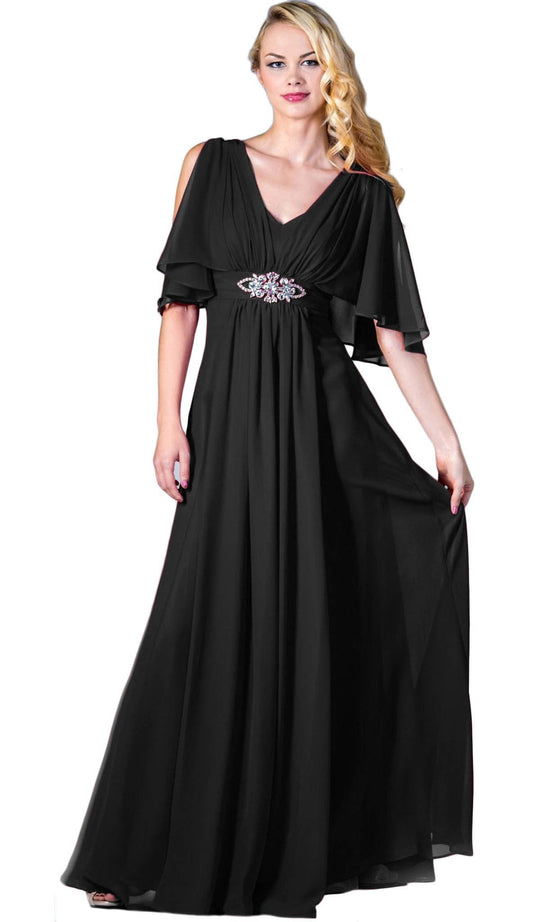 Split Butterfly Sleeve Brooch Ornate Long Formal Gown