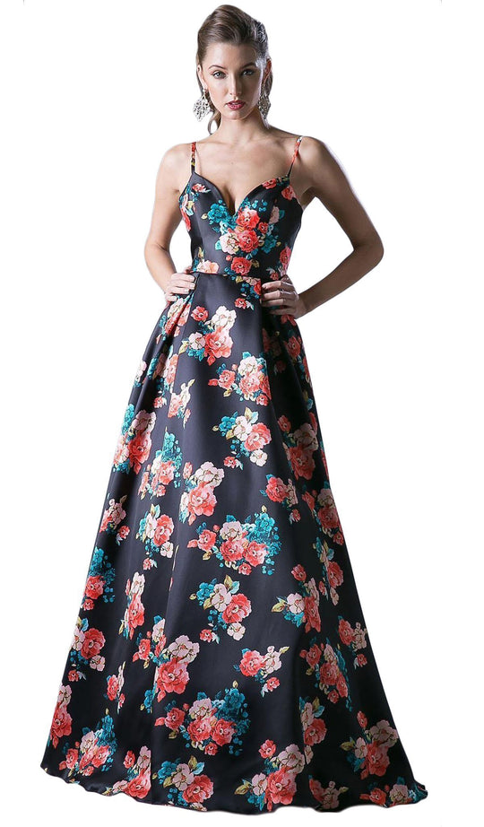 Cinderella Divine - Floral Sweetheart Pleated Evening Gown in Black