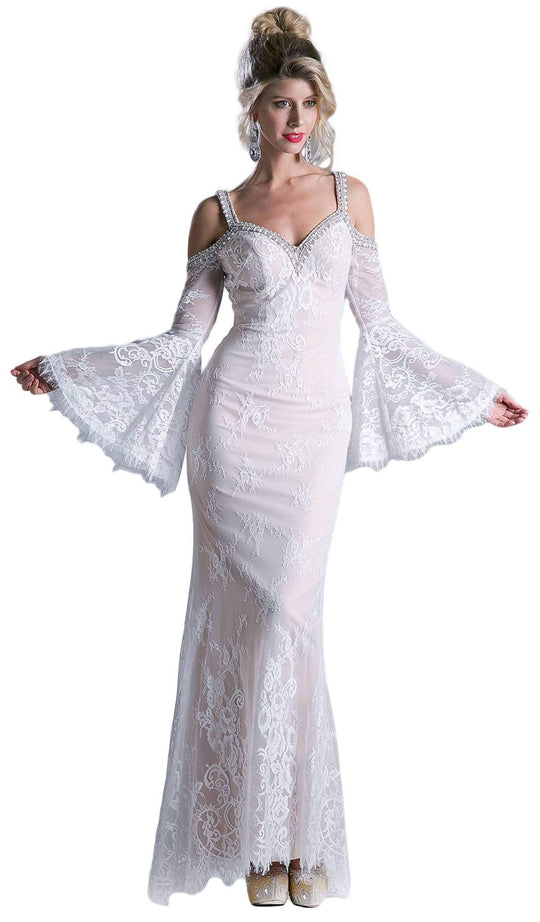 Cinderella Divine - Embellished Lace Long Bell Sleeve Sheath Dress in White