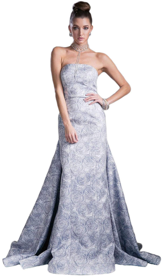Cinderella Divine - Strapless Straight Neck Floral Print Evening Gown