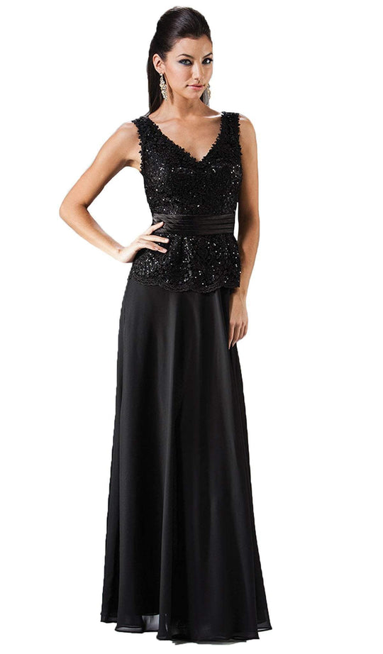 Cinderella Divine - 1455 Sequin-Ornate Lace Peplum Detailed Long Formal Dress in Black