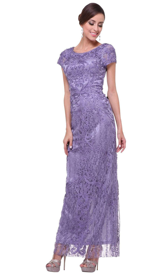 Cinderella Divine - Cap Sleeve Soutache Embellished Long Sheath Formal Dress
