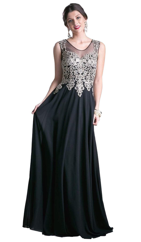 Jeweled Metallic Lace Illusion A-Line Evening Gown