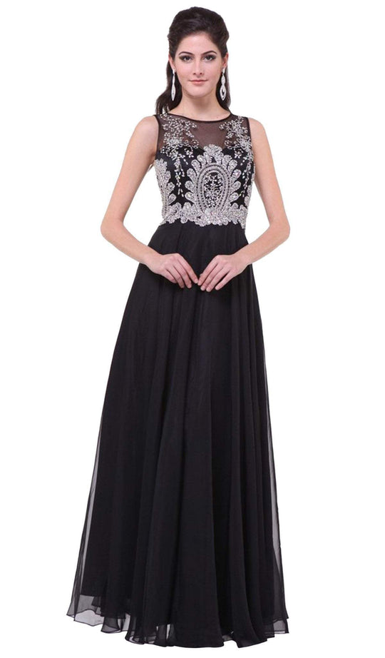 Cinderella Divine - Sleeveless Illusion Metallic Appliqued A-Line Gown