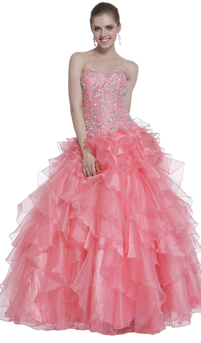 Strapless Beaded Ruffled Evening Gown