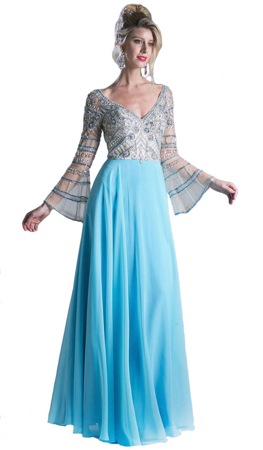 Sheer Long Bell Sleeves Beaded Chiffon Evening Gown
