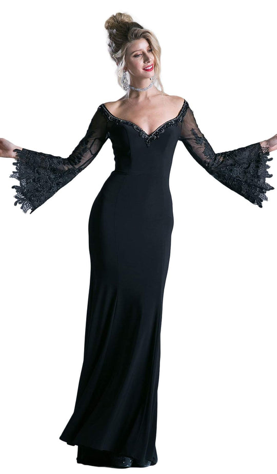 Cinderella Divine - Embellished Lace Bell Sleeve Sheath Dress in Black