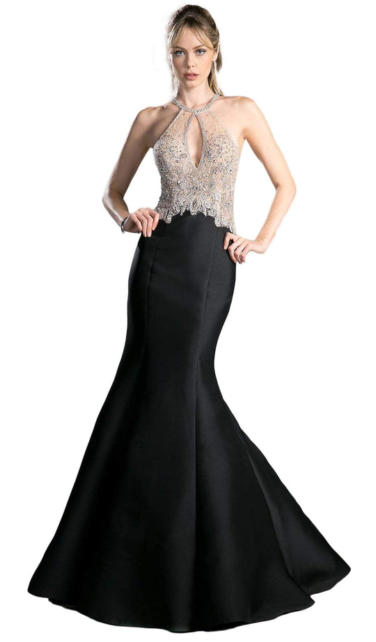Cinderella Divine - Sleeveless Embellished Halter Mermaid Dress in Black