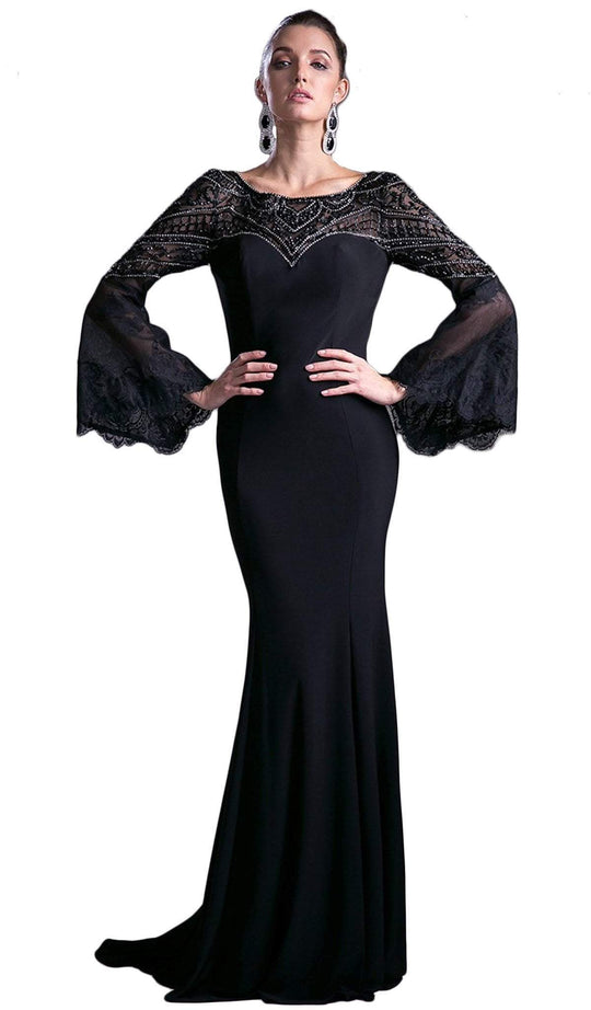 Cinderella Divine - Sheer Long Bell Sleeves Sheath Evening Gown