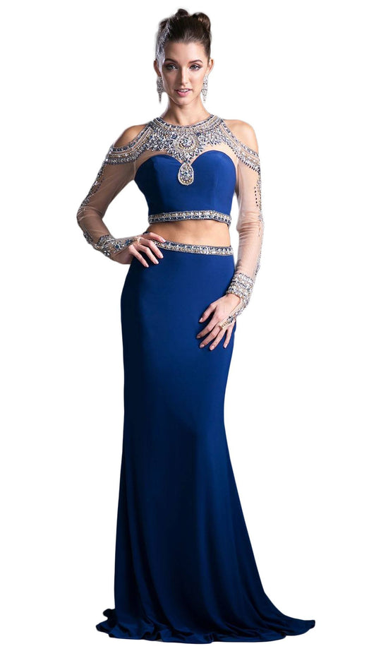 Two Piece Rhinestone Embellished Long Sleeves Gown